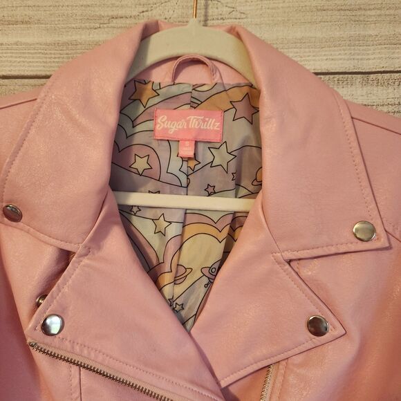 Sugar Thrillz Small Junior Pink Faux Leather Retro Y2k Western fringe Jacket - Picture 2 of 9